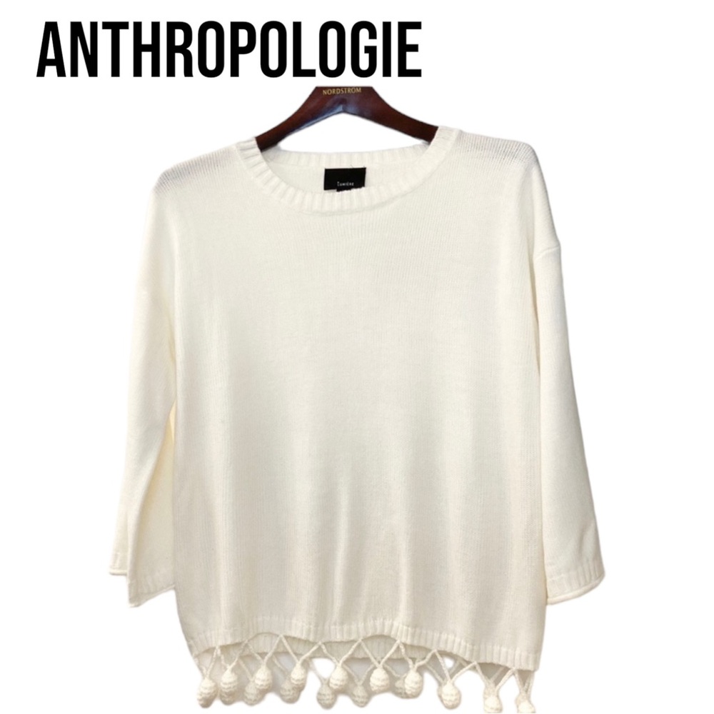 NWT Anthropologie IVORY POM POM SWEATER White HOLIDAY Women’s Medium